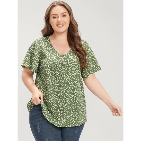 Bloomchic Tops - Bloomchic Ditsy Floral Ruffle Sleeve Button Detail Blouse Green White 12